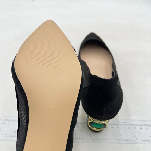 FSJ Women Bridal Pointed Toe Chunky Block Low Heel Crystal Pumps ,Black Mesh - Picture 6 of 8